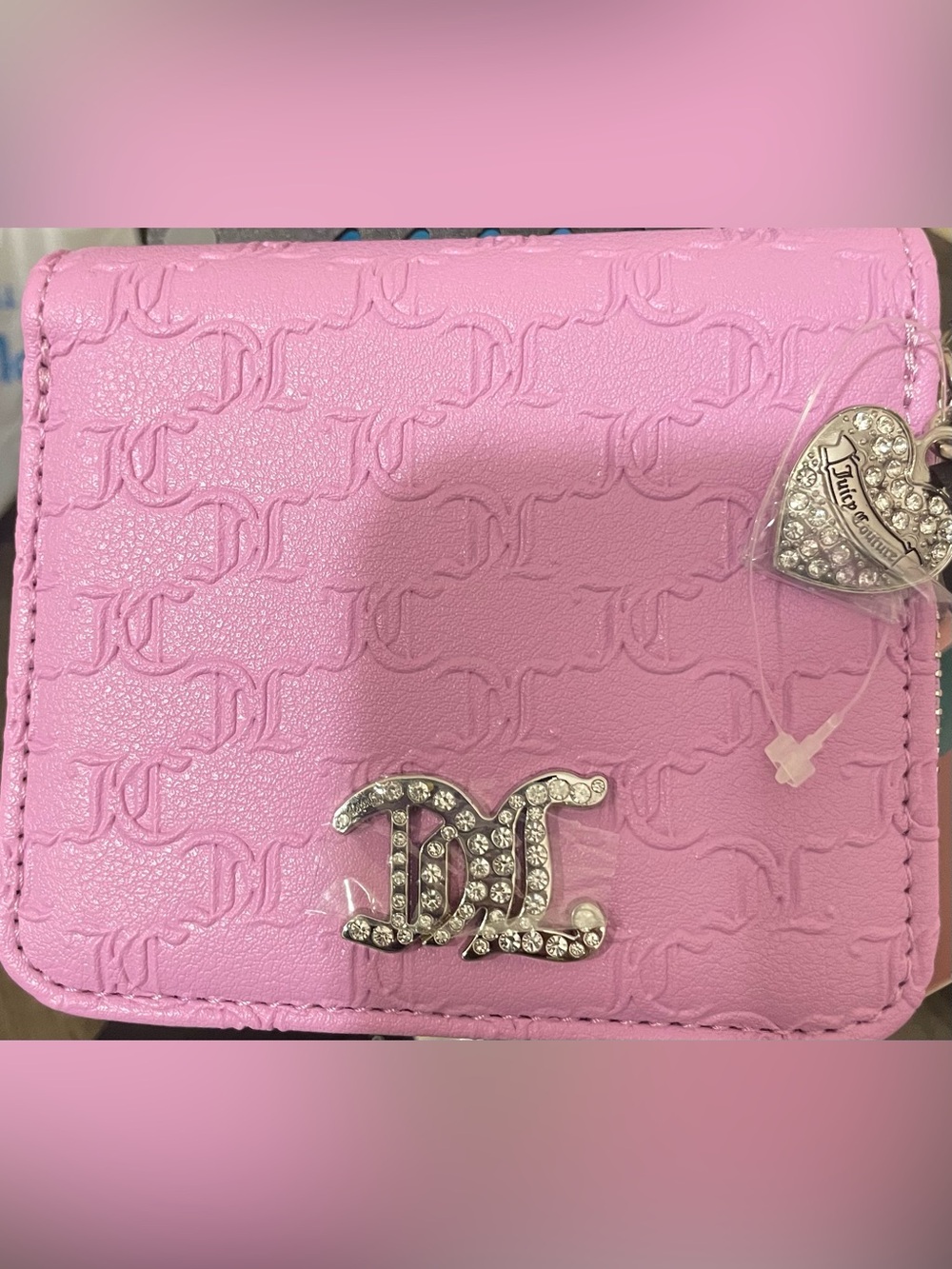 Juicy Couture Pink Embossed Kids Card Wallet with Crystal Logo Charm